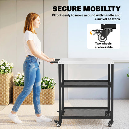 Outdoor Grill Cart with Stainless Steel Tabletop, 3-Tier Pizza Oven Stand with Adjustable Shelf, Hooks, Wheels, Black