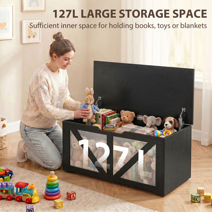 127L Home Storage Box, with Safety Hinges - Black Wood-Effect