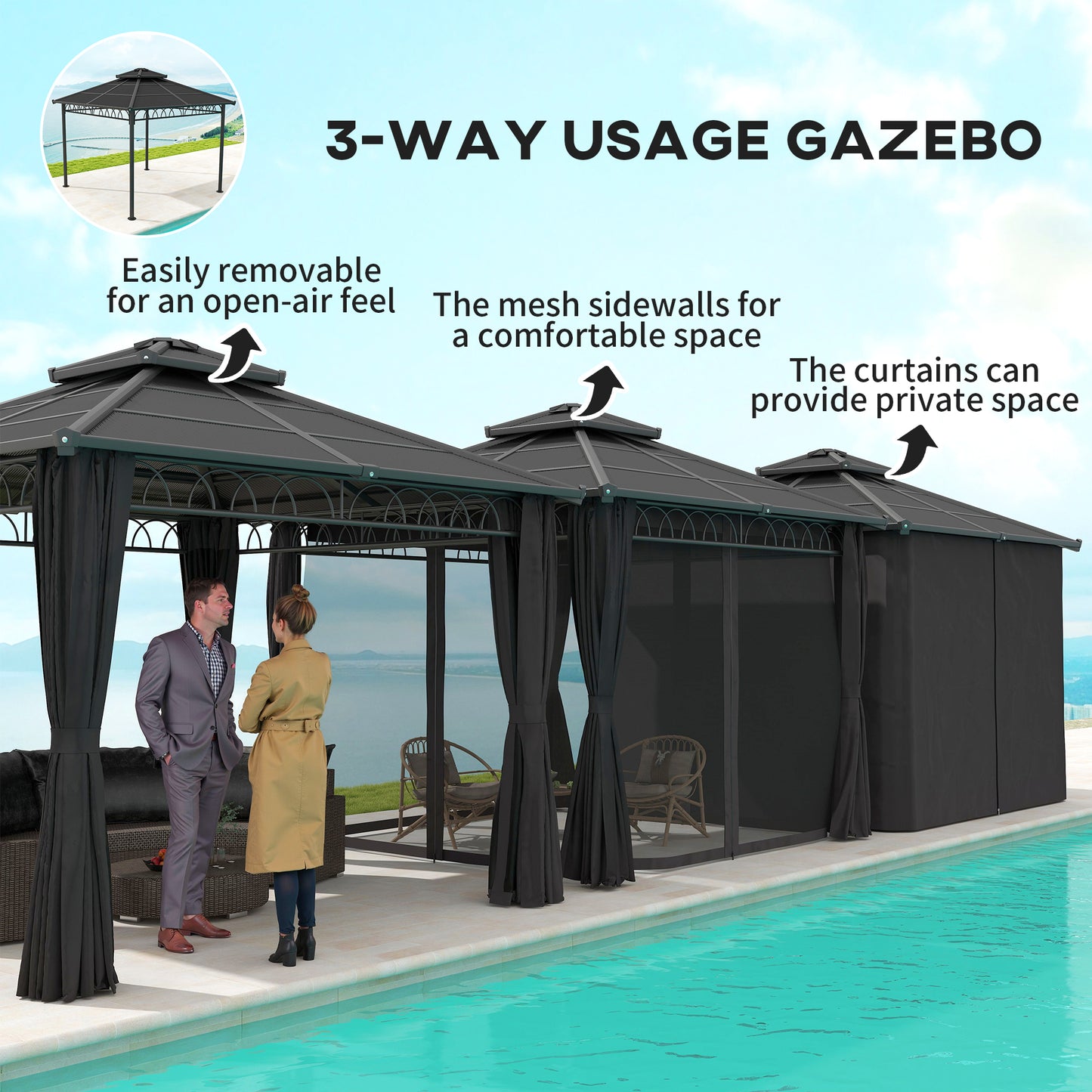 3 x 3 (m) Outdoor Polycarbonate Gazebo, Double Roof Hard Top Gazebo with Galvanised Steel Frame