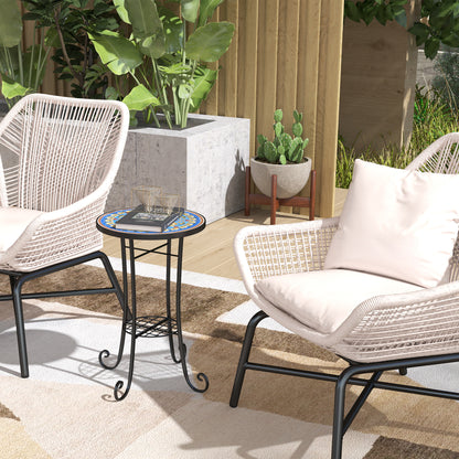 Mosaic Garden Table, 35.5 cm Round Outdoor Table with Shelf, Ceramic Tile Top
