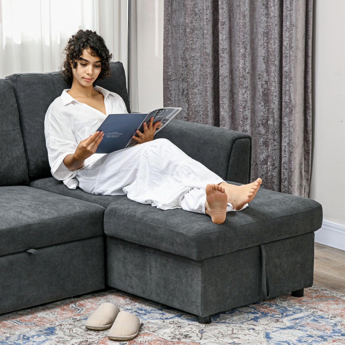 3 Seater Sofa Bed, Pull Out Sofa Bed with Storage for Living Room, Dark Grey