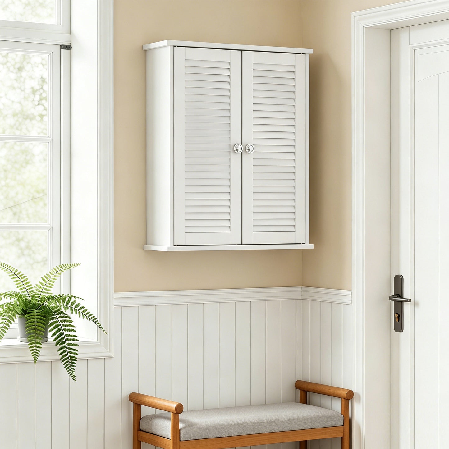 Bathroom Cabinet, Bathroom Wall Cabinet with Louvered Doors and Adjustable Shelf Storage for Kitchen, White