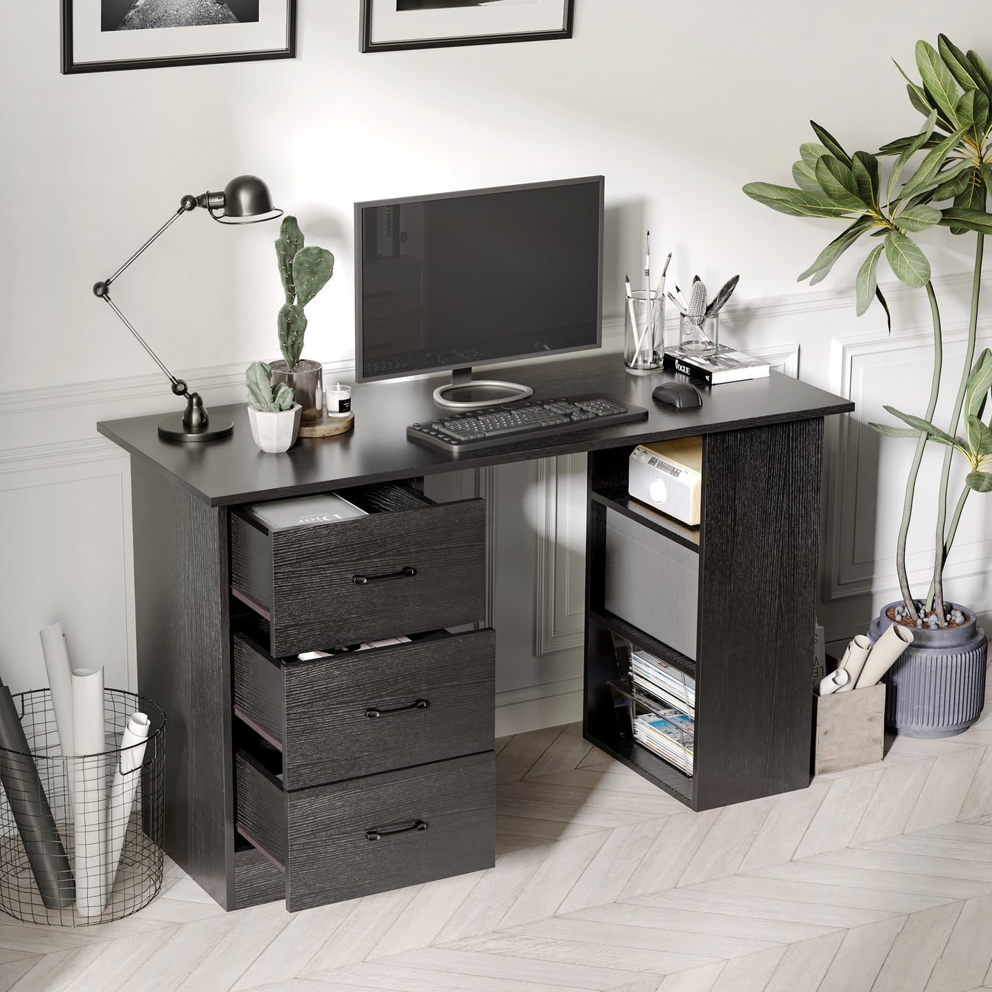 Computer Desk with Drawers, Home Office Desk, Writing Table, PC Workstation with 3 Storage Shelves for Working, Study