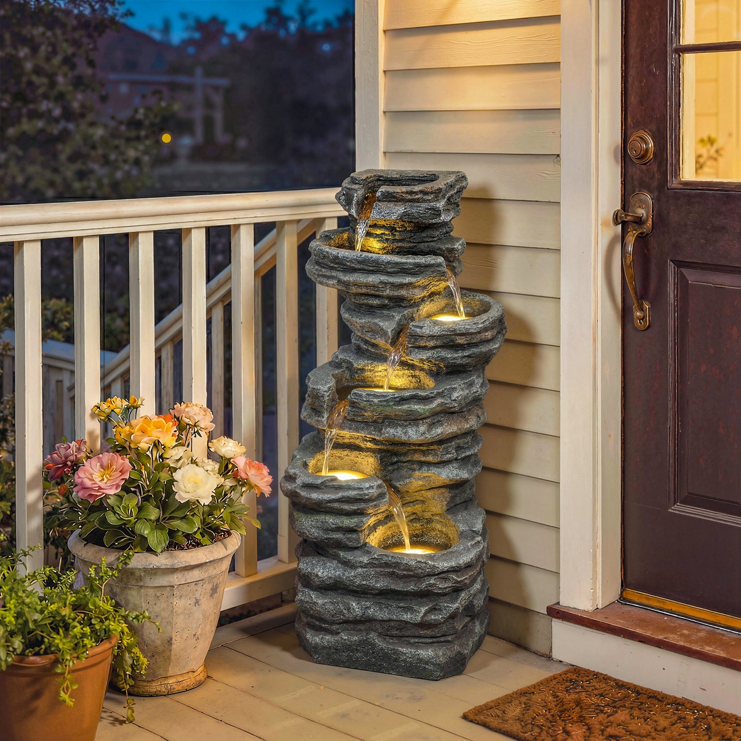 Outdoor Fountain, 6-Tier Cascading Waterfall Feature with LED Lights, Resin Freestanding Garden Fountain, Grey
