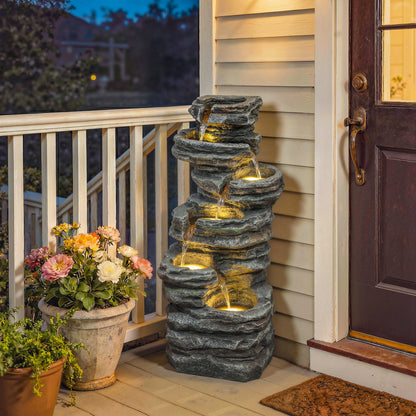 Outdoor Fountain, 6-Tier Cascading Waterfall Feature with LED Lights, Resin Freestanding Garden Fountain, Grey