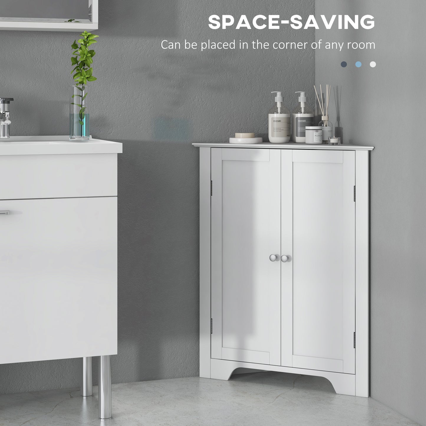 Corner Cabinet, Triangle Bathroom Storage Cabinet with Adjustable Shelf and Recessed Door, Free Standing, White