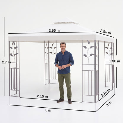 3 x 3m Outdoor Steel Gazebo with 2 Tier Roof, Garden Gazebo Patio Canopy Marquee Shelter with Decorative Steel Frame - Cream