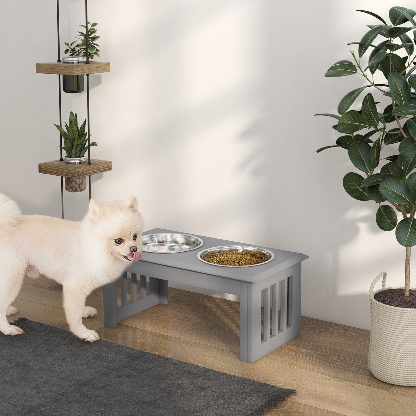 Raised Dog Feeding Bowls with Stand, Stainless Steel for Medium Dog, 58L x 31W x 25H cm - Grey