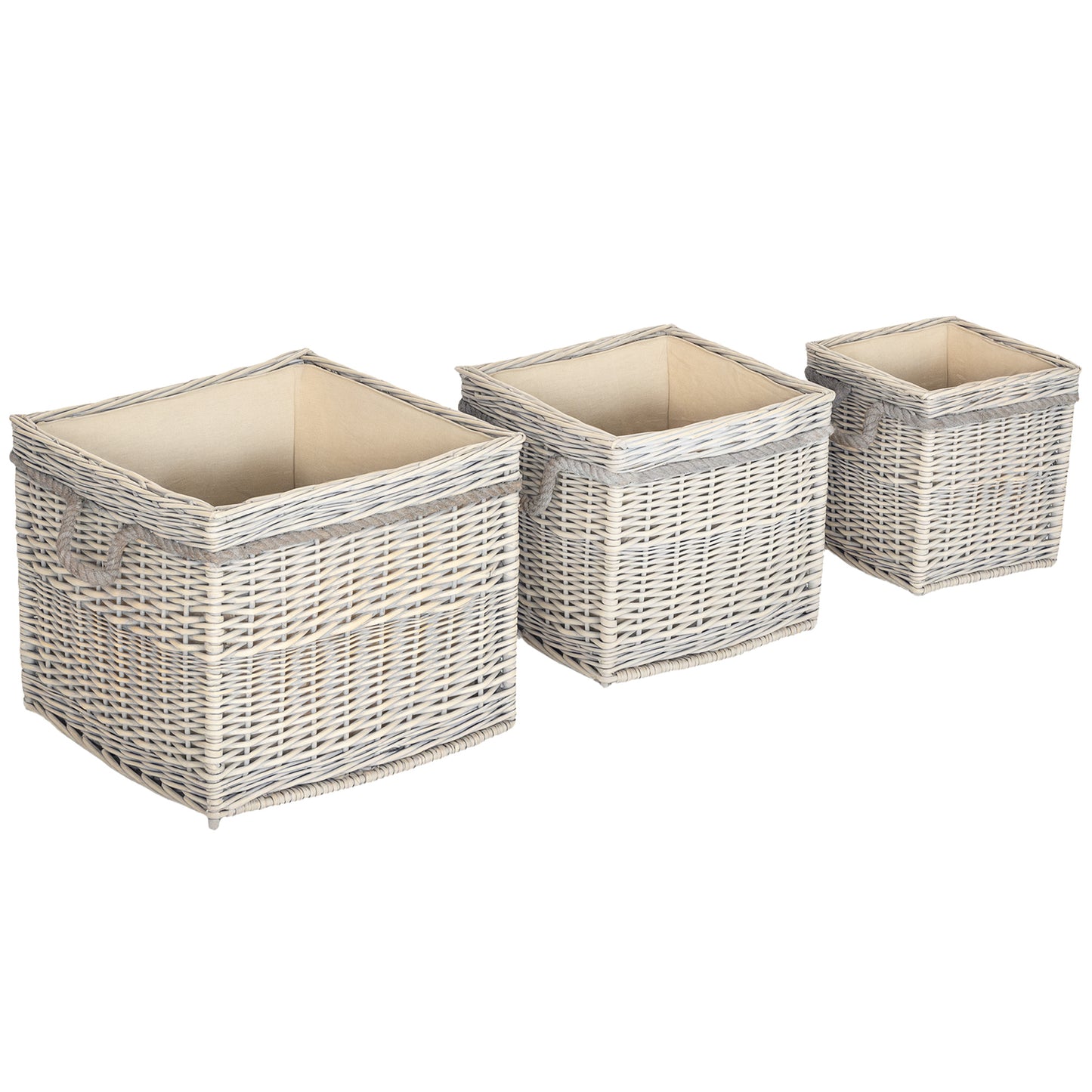 Set of 3 Log Baskets for Wood Burner Indoor, Storage Basket with Lining and Rope Handles, Wicker Basket for Fireside Storage