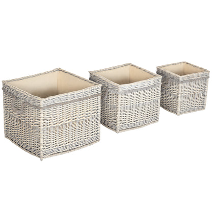 Set of 3 Log Baskets for Wood Burner Indoor, Storage Basket with Lining and Rope Handles, Wicker Basket for Fireside Storage