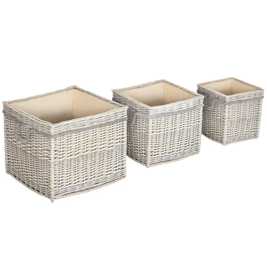 Set of 3 Log Baskets for Wood Burner Indoor, Storage Basket with Lining and Rope Handles, Wicker Basket for Fireside Storage