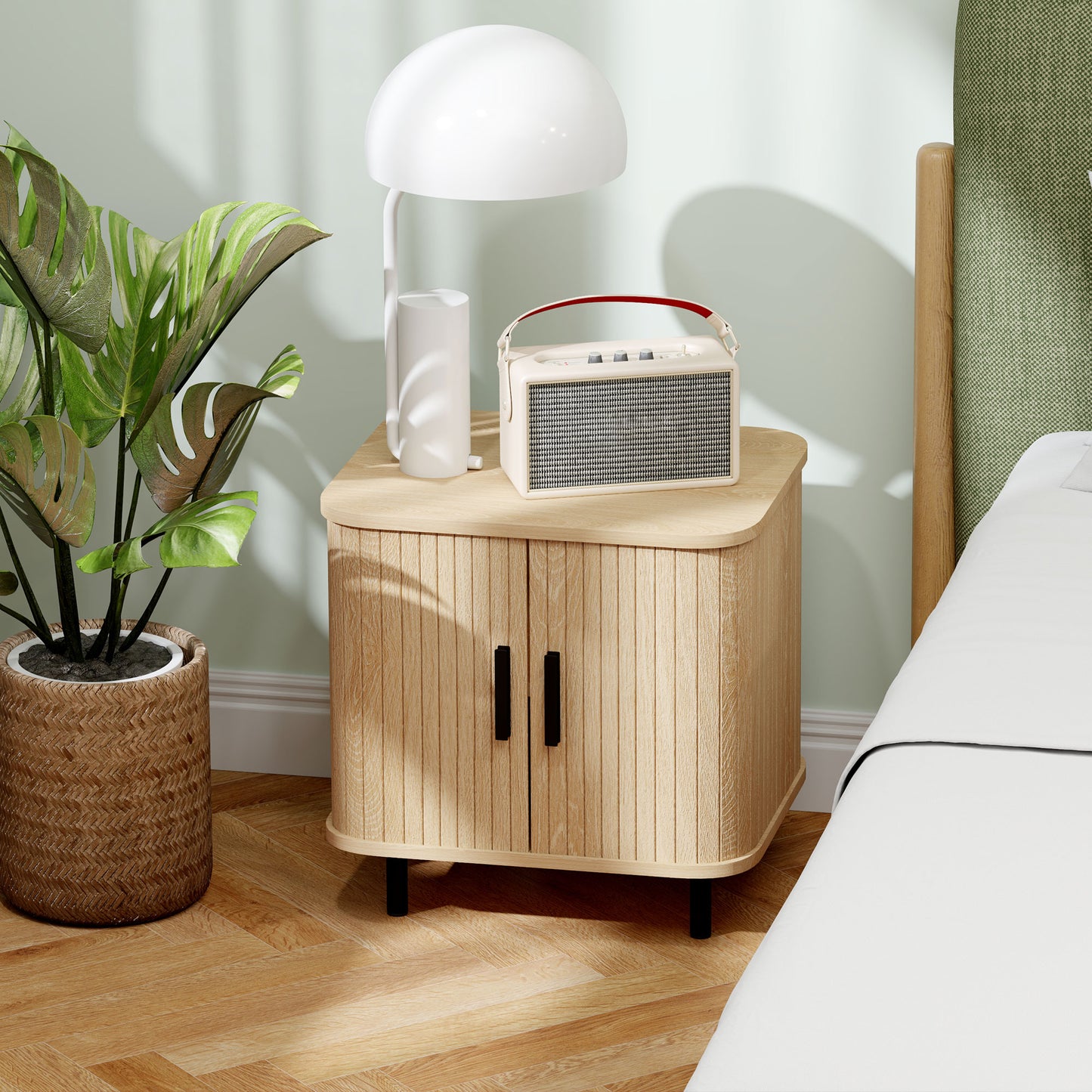 Nightstand with Sliding Doors and Metal Legs Oak Tone