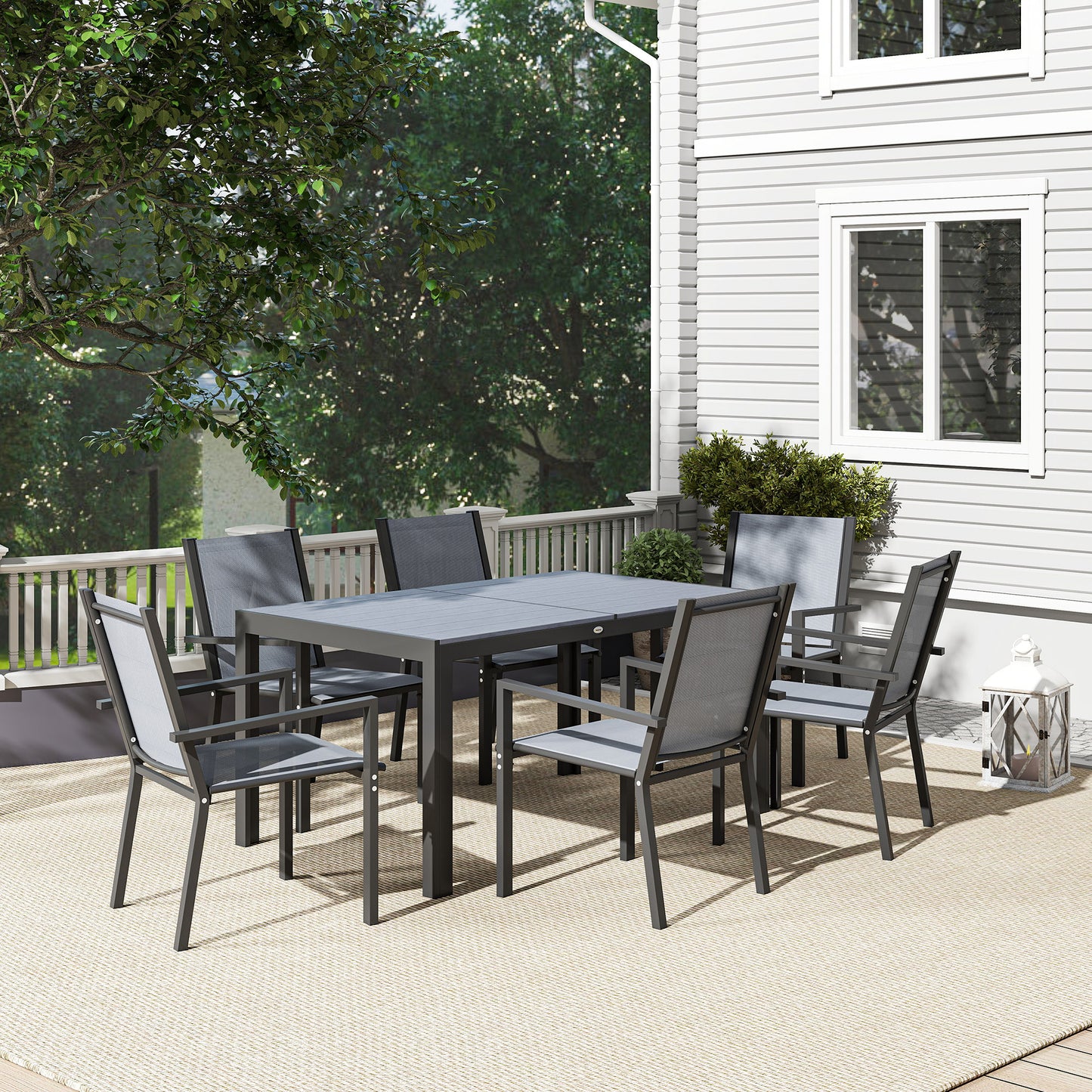 Seven-Piece Garden Dining Set, with Plastic Wood-Top Table - Grey