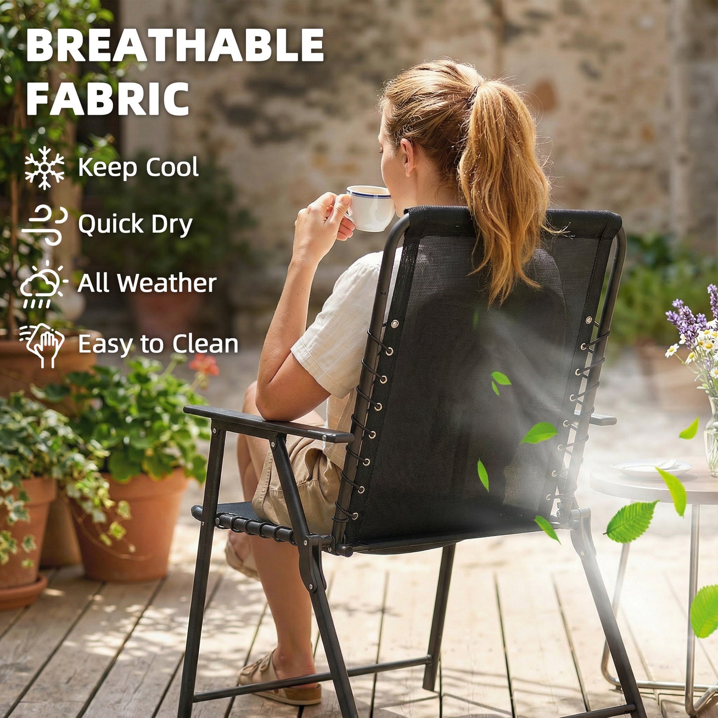 Folding Garden Chairs Set of 2, Outdoor Dining Chairs with Wide Texteline Seat, High Back and Armrests, Black