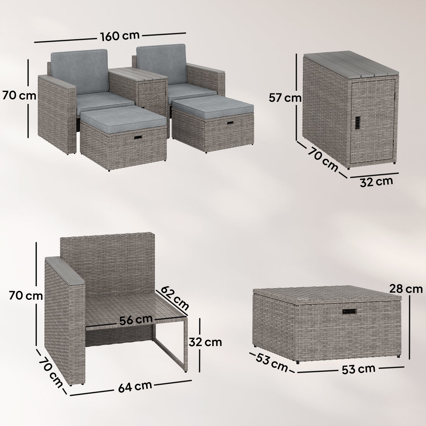 5 Piece Rattan Garden Furniture Set with Storage Table, Footstools, Cushions, Dark Grey