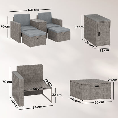 5 Piece Rattan Garden Furniture Set with Storage Table, Footstools, Cushions, Dark Grey