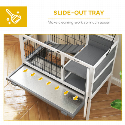 Wooden Rabbit Hutch, Guinea Pig Cage, with Removable Tray, Openable Roof, Grey