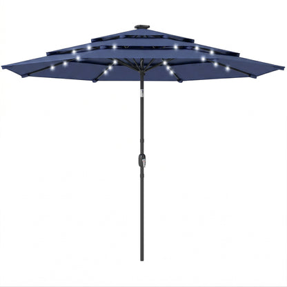 2.8 m Garden Parasol Umbrella with LED Solar Light, Parasol Cover, 3 Tier Outdoor Table Market Patio Umbrella, Navy Blue