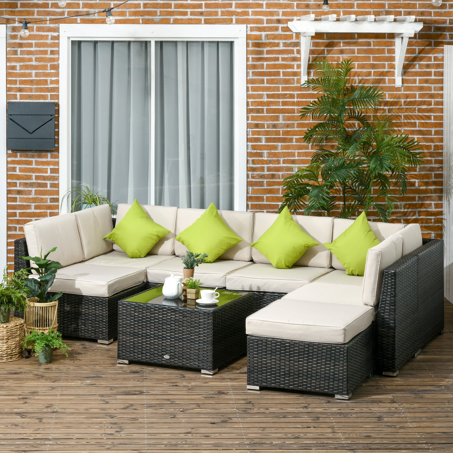 7-Seater PE Rattan Corner Sofa Set, Garden Furniture Set, Patio Wicker Sofa Seater w/ Cushion