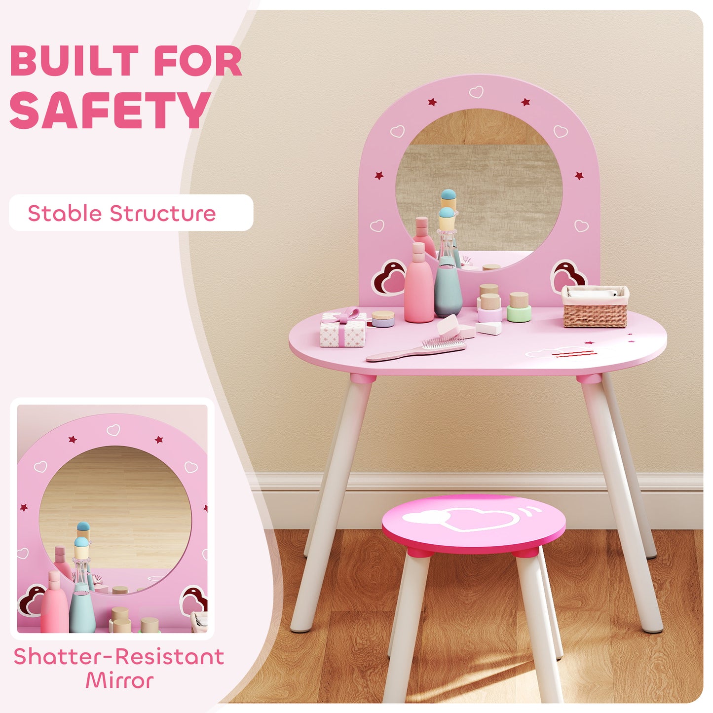 Kids Dressing Table with Mirror and Stool, Girls Vanity Set for Kids Room, Bedroom, Nursery, for Ages 3–6 Years, Pink