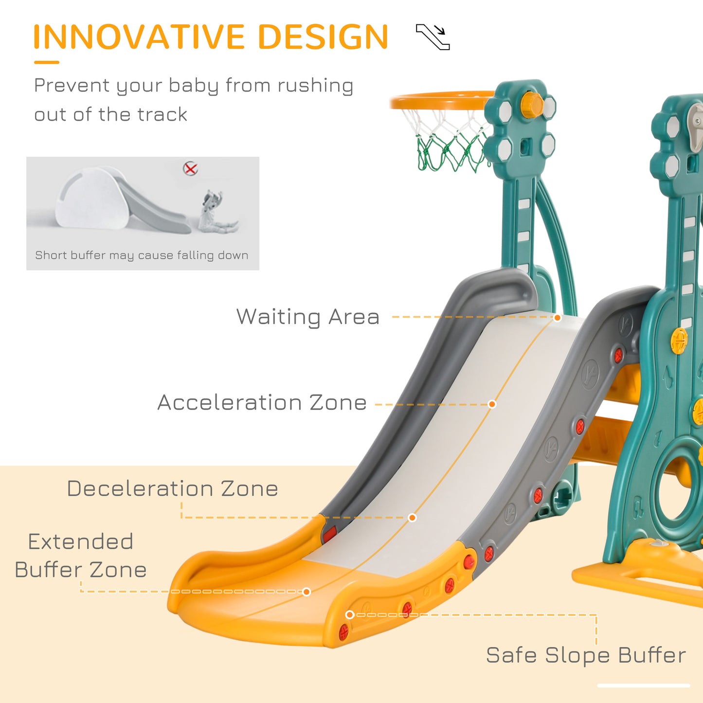 3-IN-1 Kids Swing and Slide Set with Basketball Hoop Slide Swing Adjustable Seat Height Toddler Playground Activity centre In