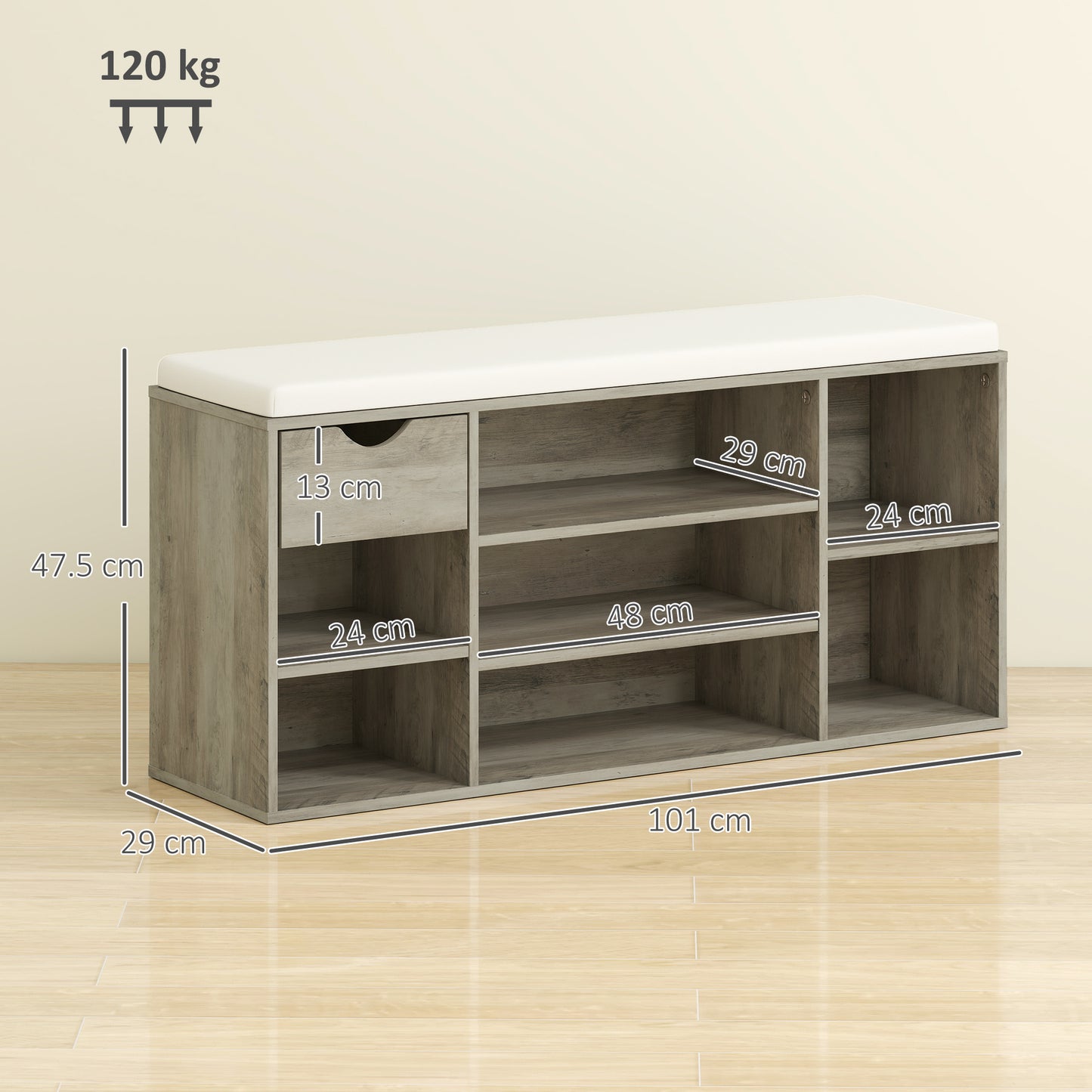 Shoe Storage Bench with Cushion - Grey
