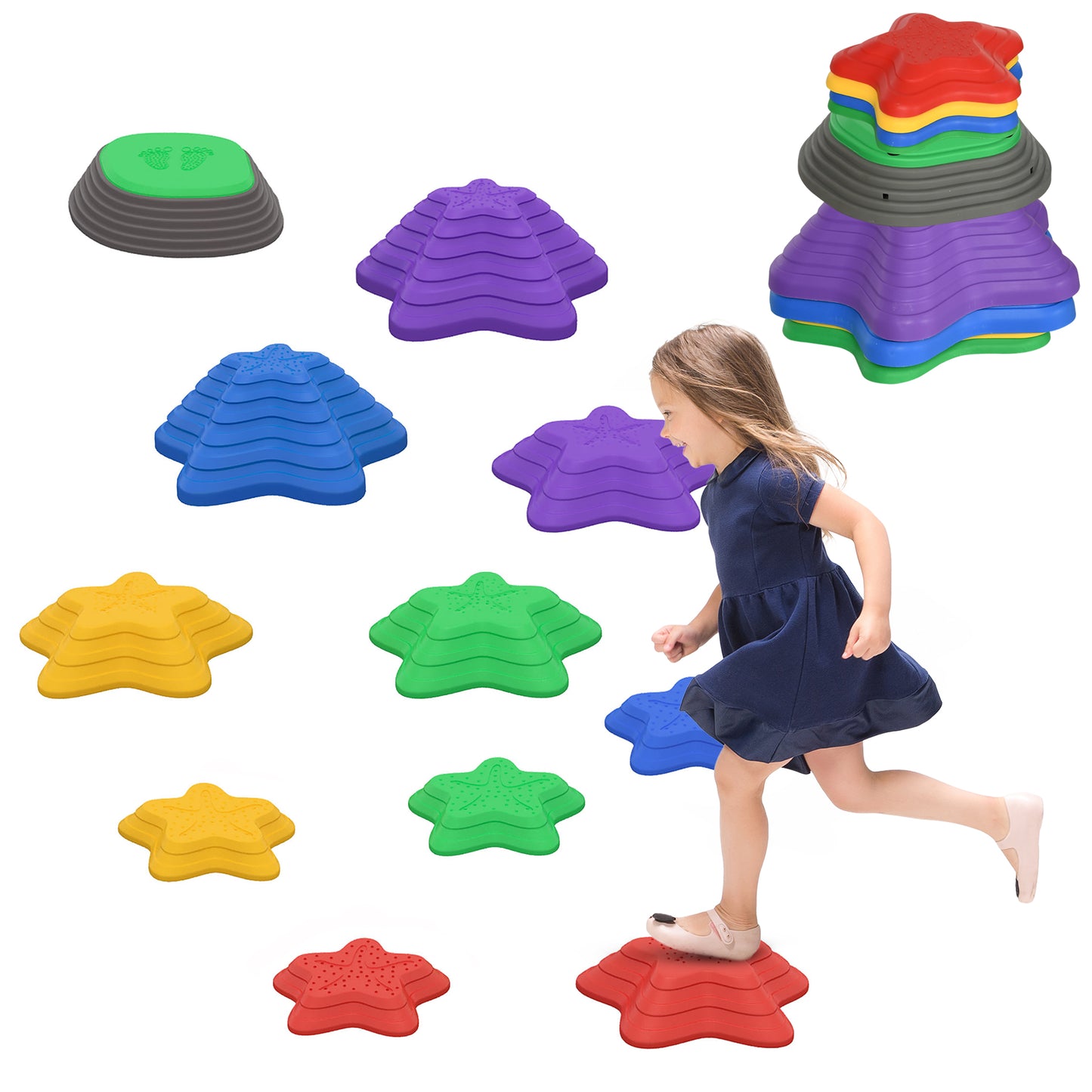 ZONEKIZ Stepping Stones Kids, 11 Pieces Balance Stones for Obstacle Course, Stackable Non-Slip Starfish Shape