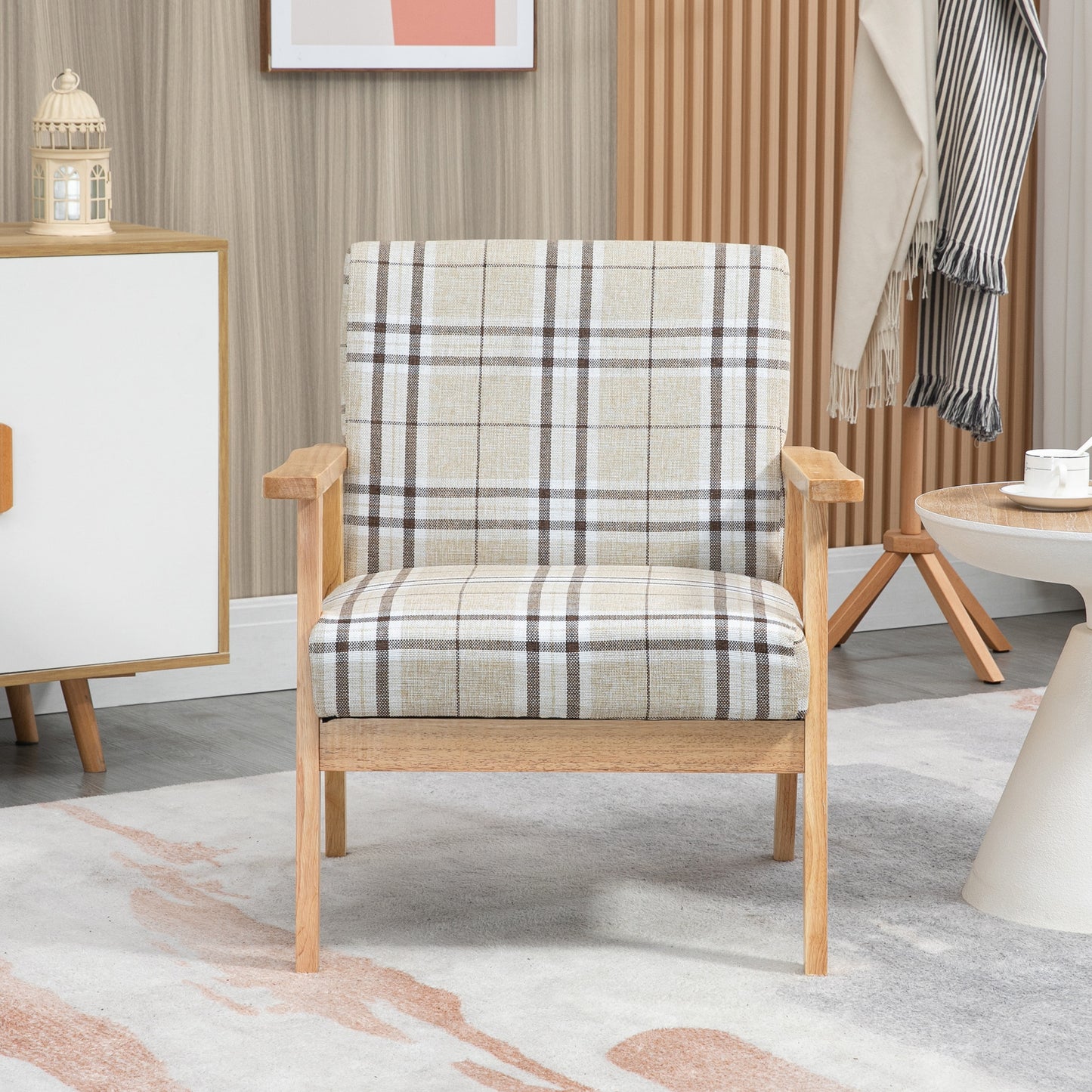 Modern One Seater Sofa for Living Room, Linen Fabric Small Couch with Rubber Wood Frame, Armrests, Lattice Pattern