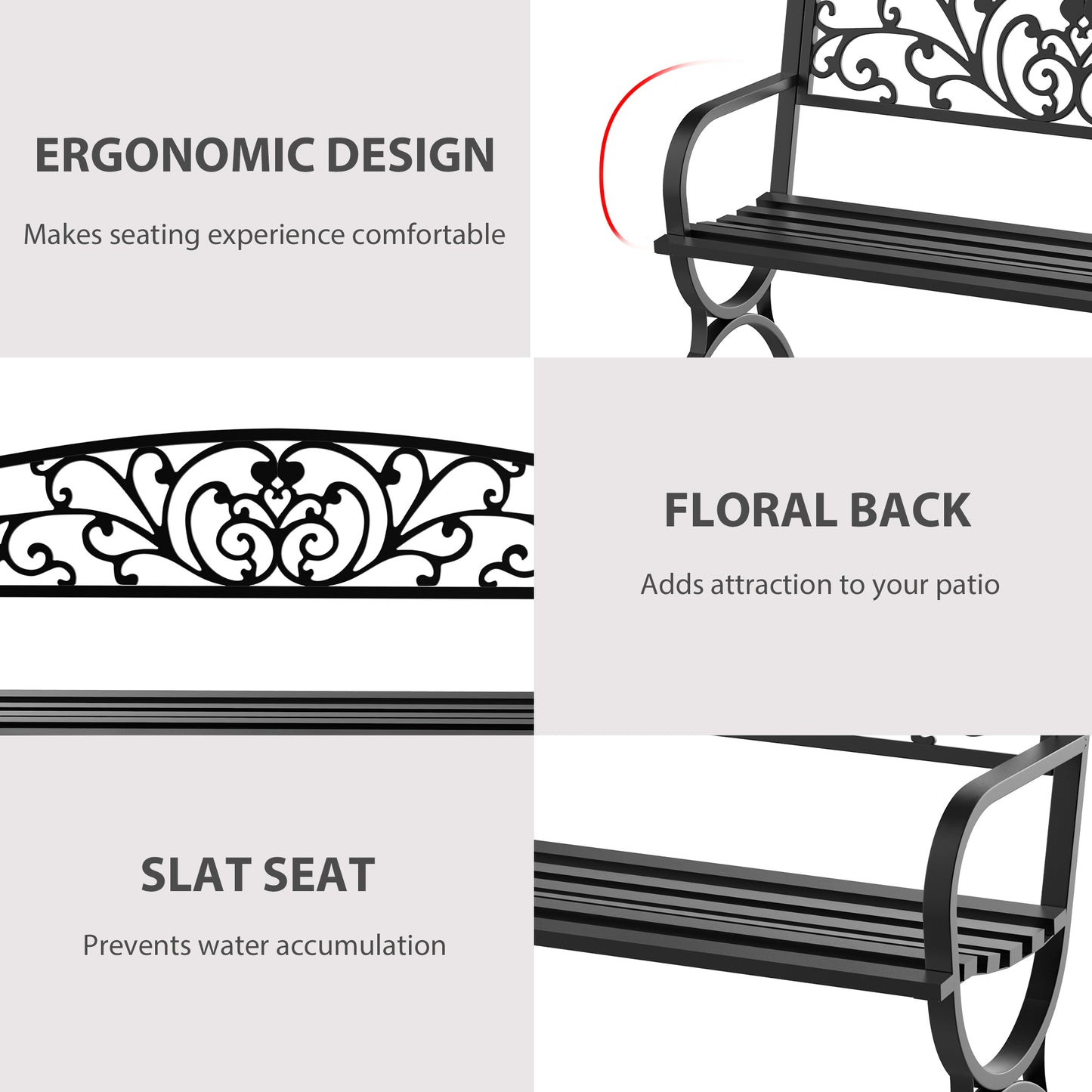 127L x 60W x 85H cm Powder Coated Garden Bench for Patio Backyard, Steel-Black