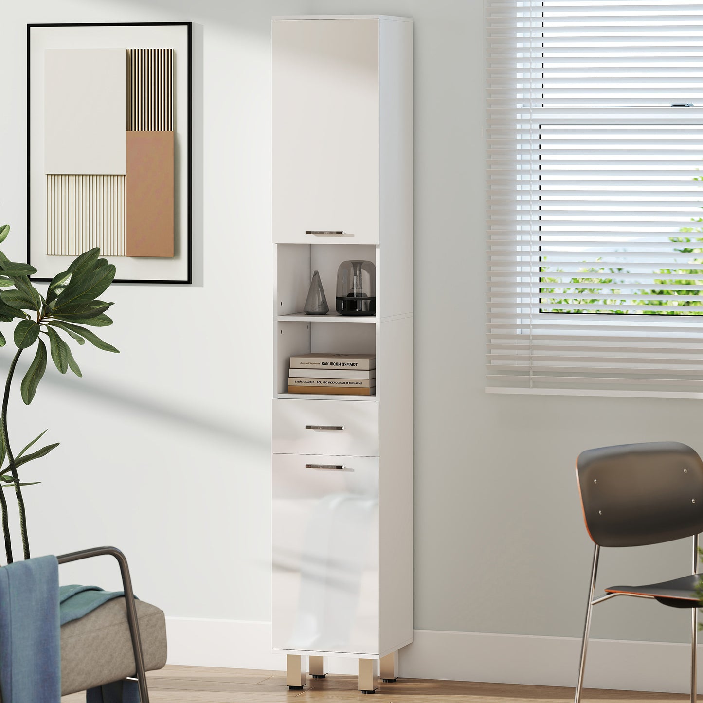71" Tall Slim Bathroom Storage Cabinet, Narrow Cupboard with Drawer, Open Shelves, 2 Doors, White and High Gloss White