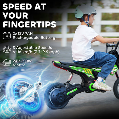 Kids Electric Motorbike, 24V Ride On Motorcycle with 3 Speeds and Rear Suspension, Dirt Bike for 8-12 Years Old, Green