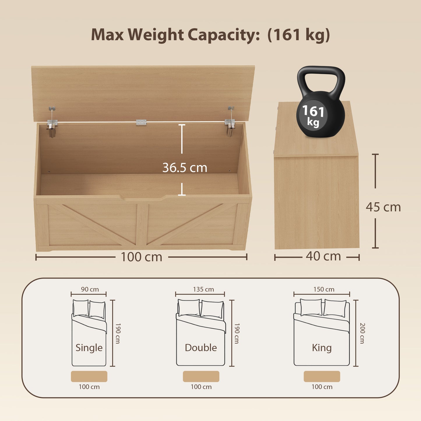 127L Home Storage Box, with Safety Hinges - Nature Wood Finish