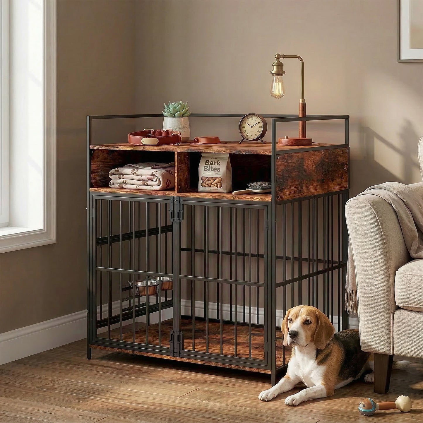 Dog Crate Furniture, Dog Cage with Rotatable Feeding Station and Storage Shelves, End Side Table Indoor Pet Kenne
