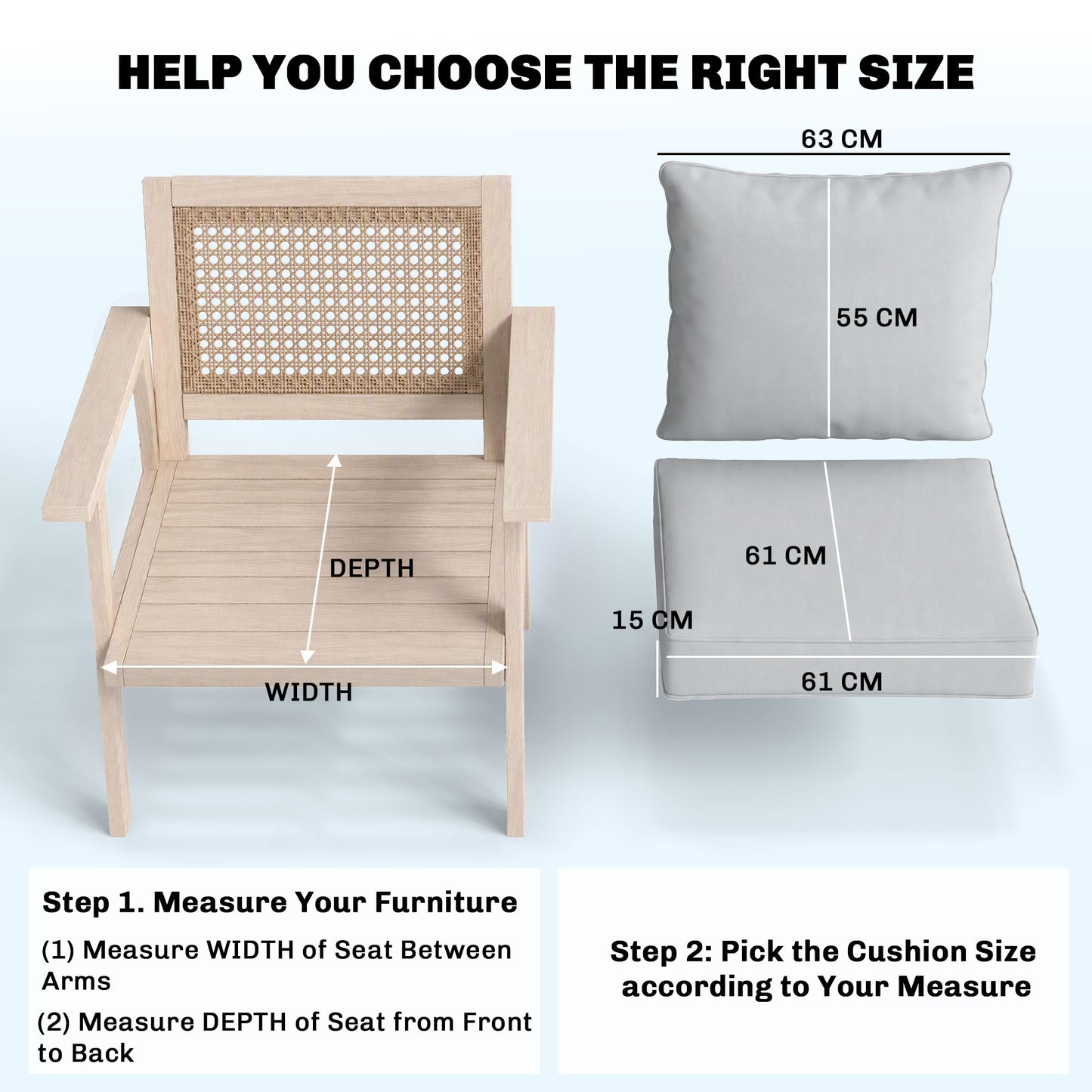 Outdoor Seat and Back Cushion Set, 63L x 55W x 15Dcm Patio Deep Seating Chair Fade Resistant Replacement Cushion, Light Grey