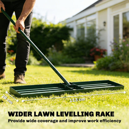 Lawn Levelling Rake, 113 x 26 cm Lawn Leveller Lute with 169 cm Handle for Grass Soil Sand Yard Golf Course