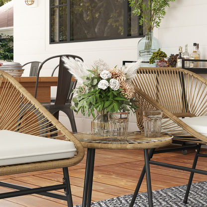 3 Pieces Rattan Bistro Set, Wicker Small Garden Table and Chairs Set with Cushions and Glass Top Coffee Table
