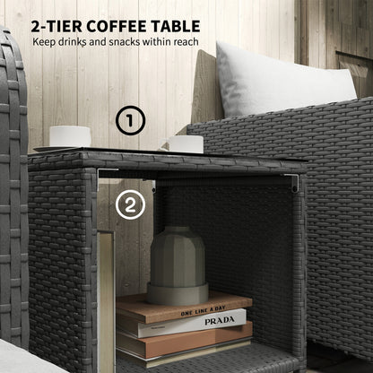 Five Piece Rattan Garden Furniture Set with 2-Tier Coffee Table and Ottomans - Grey