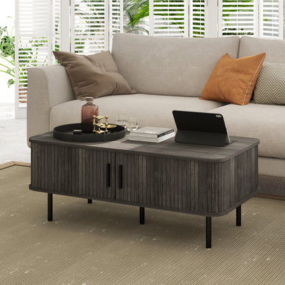 Coffee Table with Storage, Living Room Table with Slatted Tambour Sliding Doors and Adjustable Foot Pads