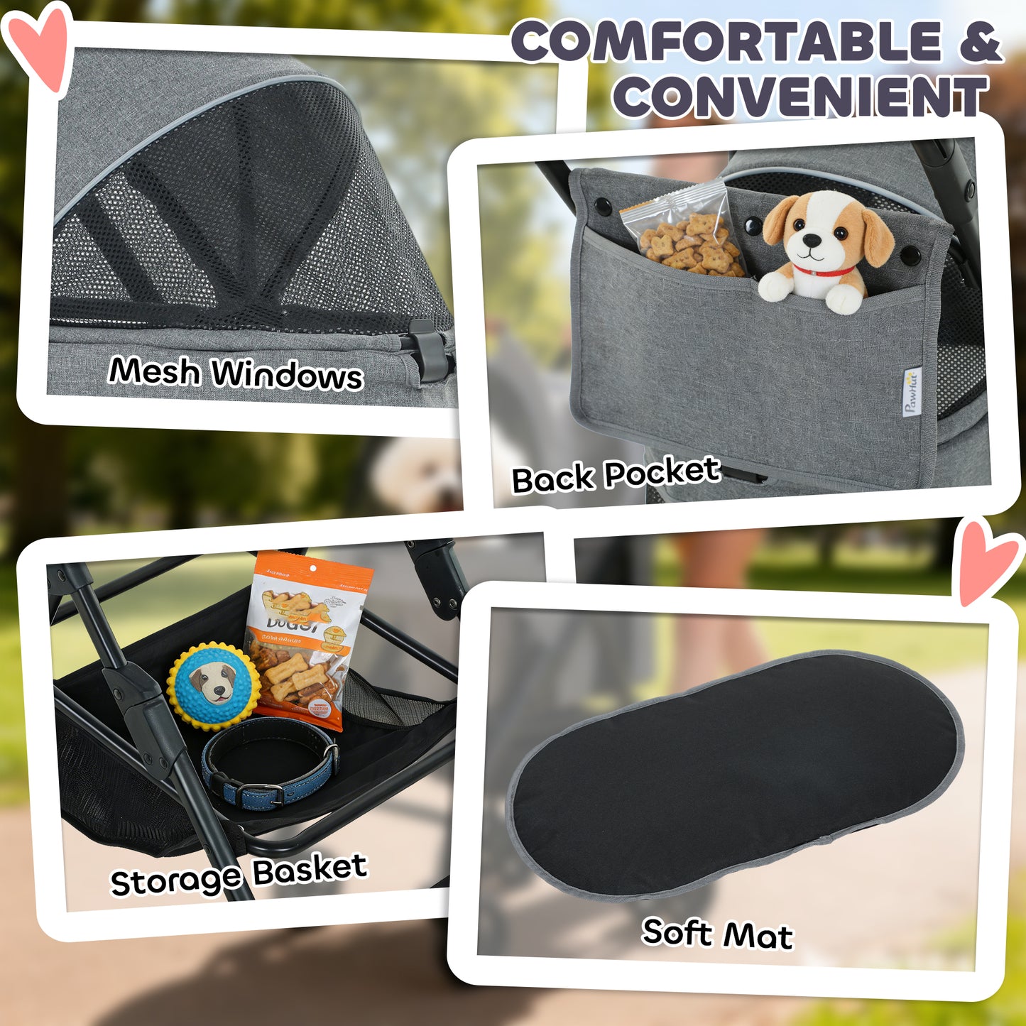 Pet Stroller, Foldable Dog Cat Stroller with Detachable Carrier, Wheels, Storage Basket, Secure Leash