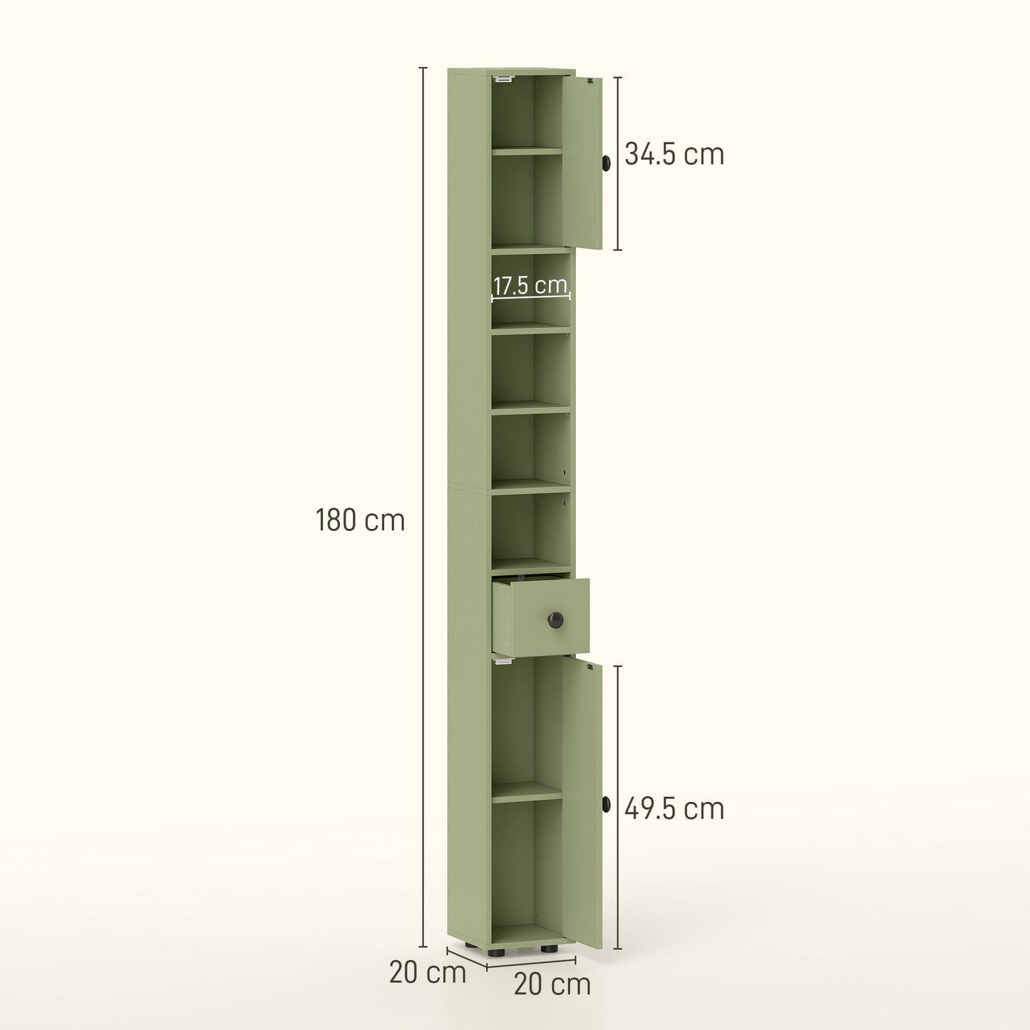180cm Slim Bathroom Cabinet, with Drawer, Shelves and Cupboards - Green