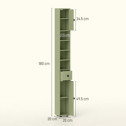 180cm Slim Bathroom Cabinet, with Drawer, Shelves and Cupboards - Green