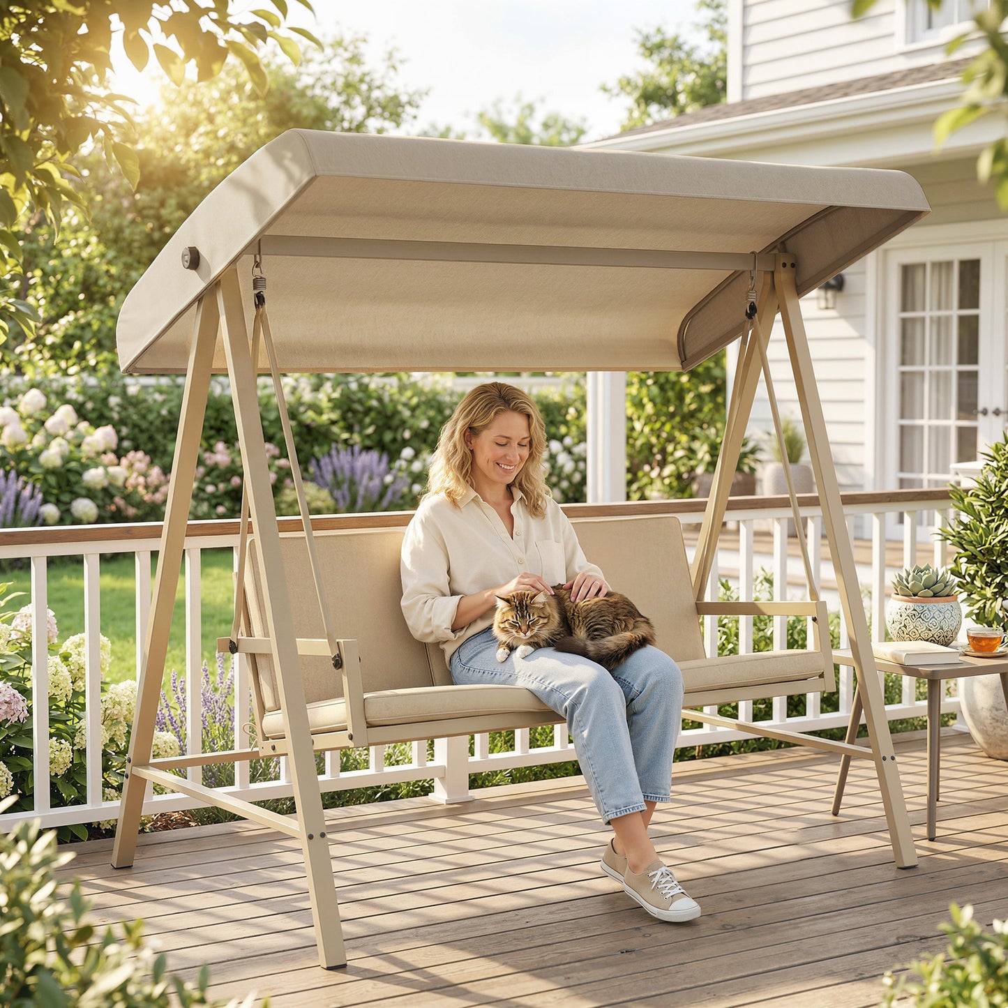 Three-Seat Garden Swing Chair, with Adjustable Canopy - Beige