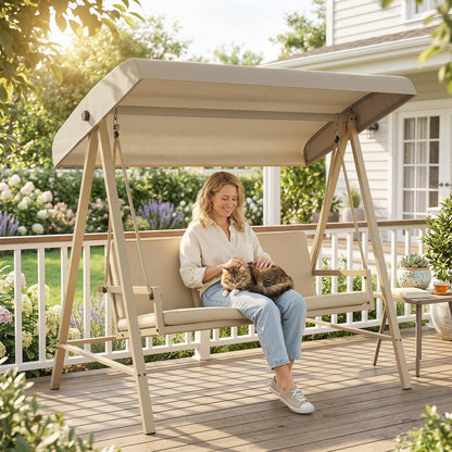 Three-Seat Garden Swing Chair, with Adjustable Canopy - Beige