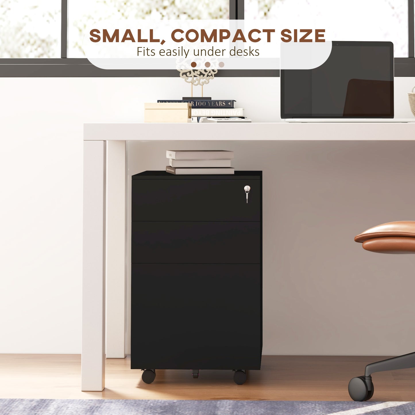 3-Drawer Vertical Filing Cabinet with Pencil Tray, Lock and 5 Wheels, Steel Mobile File Cabinet, for A4