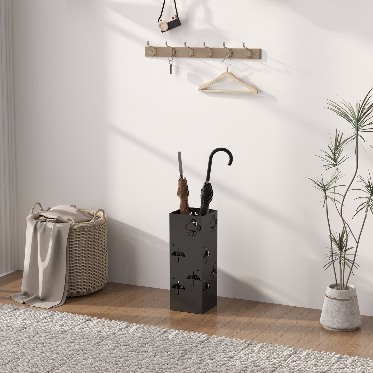 Metal Umbrella Stand, Square Umbrella Holder with Removable Drip Tray and 4 Hooks