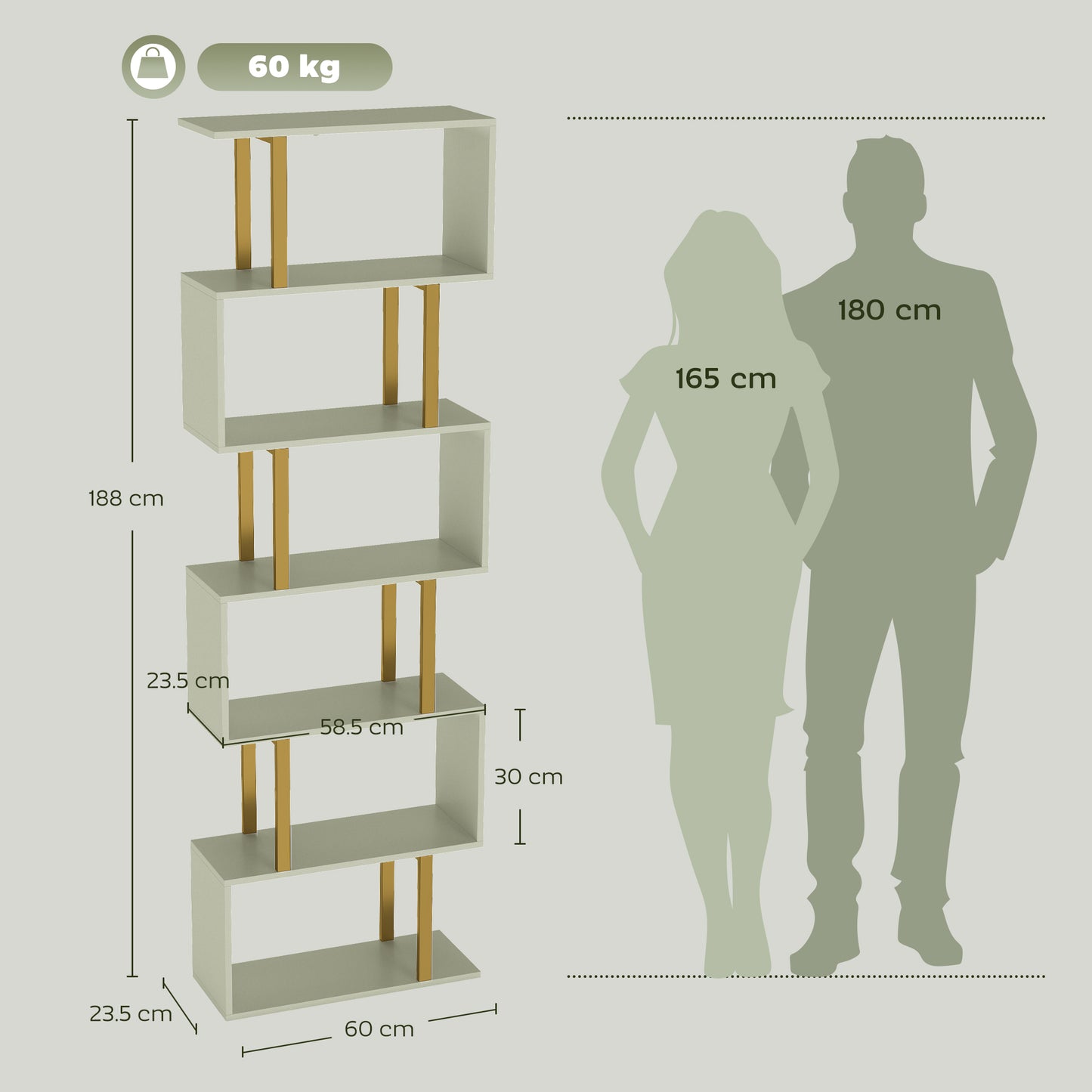 S-Shaped Bookshelf, 6-Tier Bookcase, Freestanding Storage Shelves with Anti-Tip Strap for Living Room, Light Green