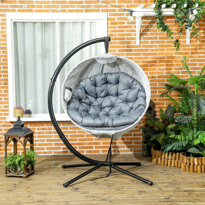 Hanging Egg Chair Outdoor Indoor Garden Swing Chair with Folding Basket, Thickened Cushion, Cup Holder for Patio, Balcony