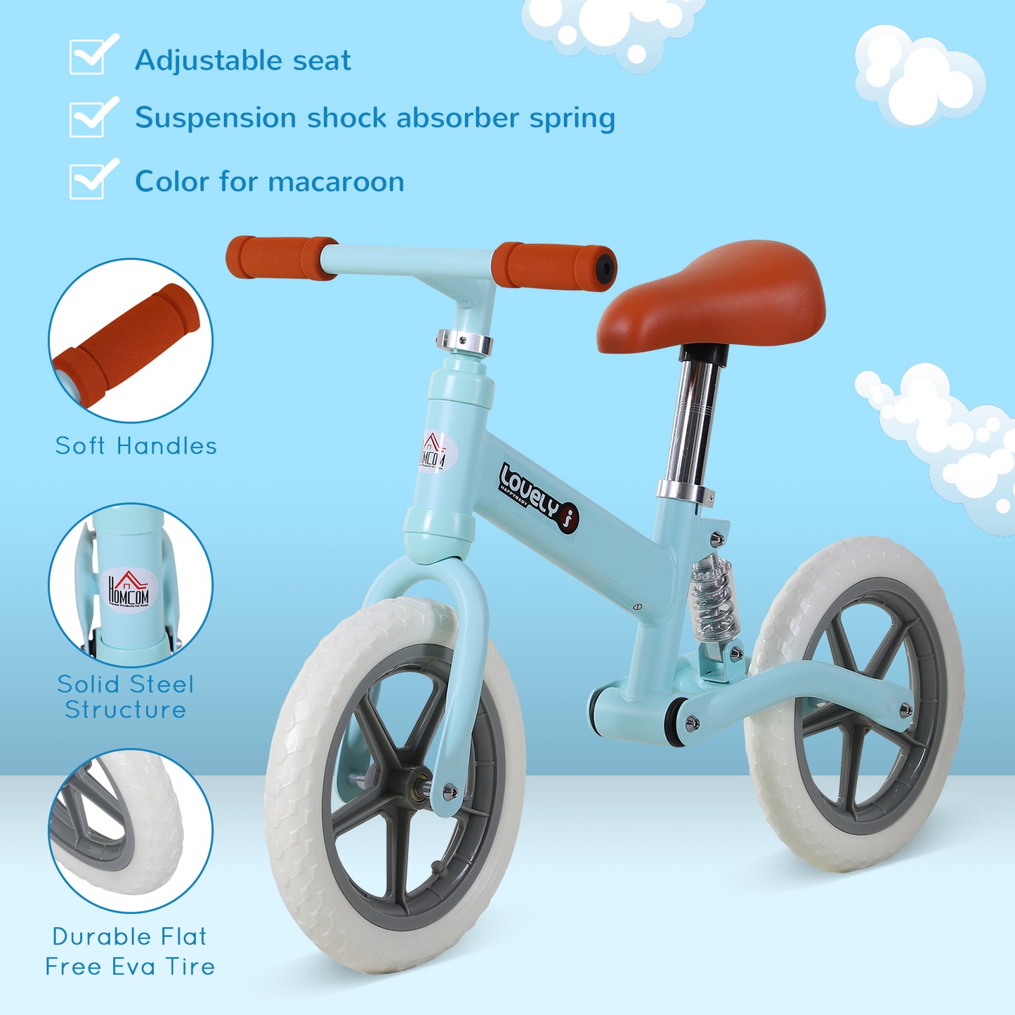 12" Kids Balance Bike No Pedal Bicycle EVA Tyre Adjustable Seat Toddler Training Bike W/ Shock Absorber 2