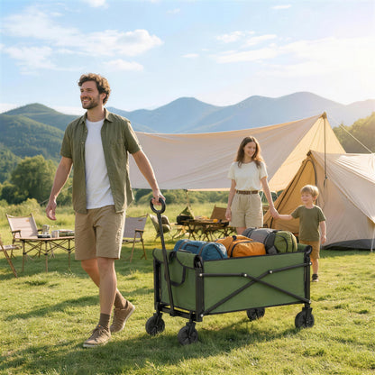 81L Festival Trolley on Wheels, Compact Garden Folding Trolley Cart with Adjustable Handle 80L Green