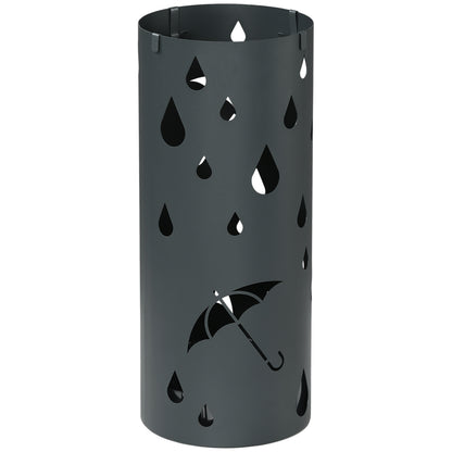 Freestanding Umbrella Stand for Hallway, Round Umbrella Basket with 4 Hooks and Drip Tray for Entryway, Dark Grey